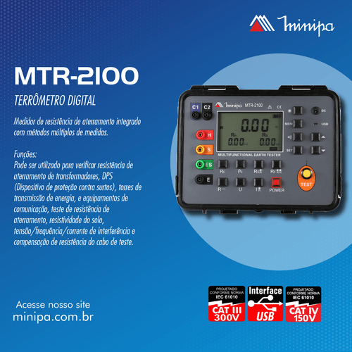 Terrômetro Dig Com Display LCD / CATIII 300V/ CAT IV 150V / USB / 4 Estacas / 500 Registros / Resistividade do Solo - MT - Minipa