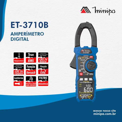 Alicate Amperímetro Digital 3 5/6D – CAT IV 600V – Corrente até 1000A AC / Teste de NCV / Temperatura / LoZ e Inrush - E - Minipa