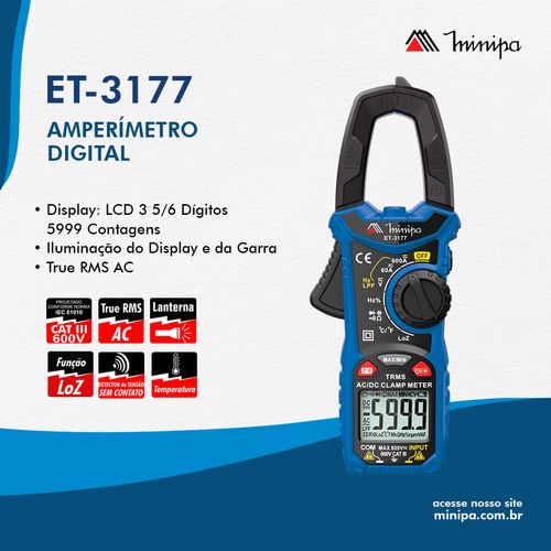 Alicate Amperímetro Digital 3 5/6D – CAT III 600V – Corrente até 600A AC e DC / Teste de NCV / Temperatura / LoZ - ET-31 - Minipa