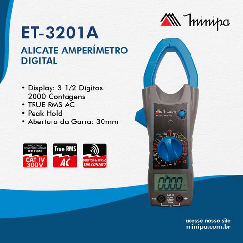 Alicate Amperímetro 1000A AC / CAT III 600v / CAT IV 300V - ET-3201A - Minipa