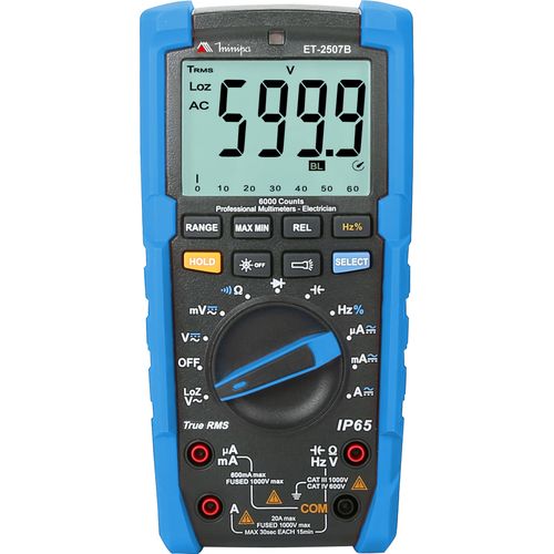 Multimetro Digital 6000 cont./ Resistente a queda / CAT IV 600V / True RMS / IP 65 / Lanterna - ET-2507B - Minipa