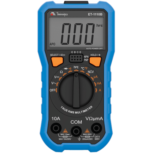 Multímetro Digital 3½D /corrente AC/DC,
tensões AC/DC, resistência, temperatura, teste de diodo, continuidade e hFE - ET - Minipa