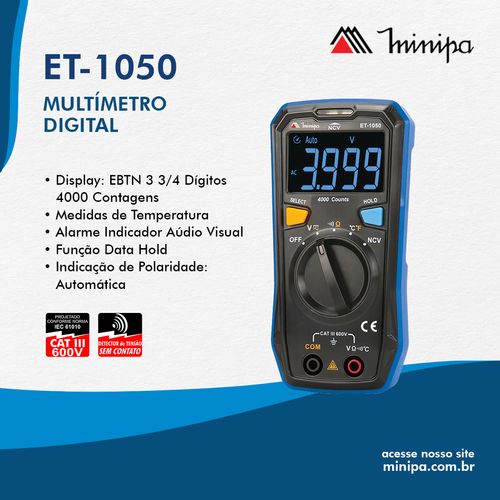 Multímetro Digital CAT III  600V/Display EBTN 4000 contagens / Dois Bornes / Função NCV - ET-1050 - Minipa
